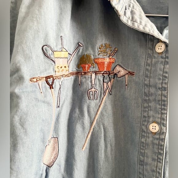 Vintage Woolrich Denim Button Down Embroidered Gardening Long Sleeve Shi… - Picture 4 of 6